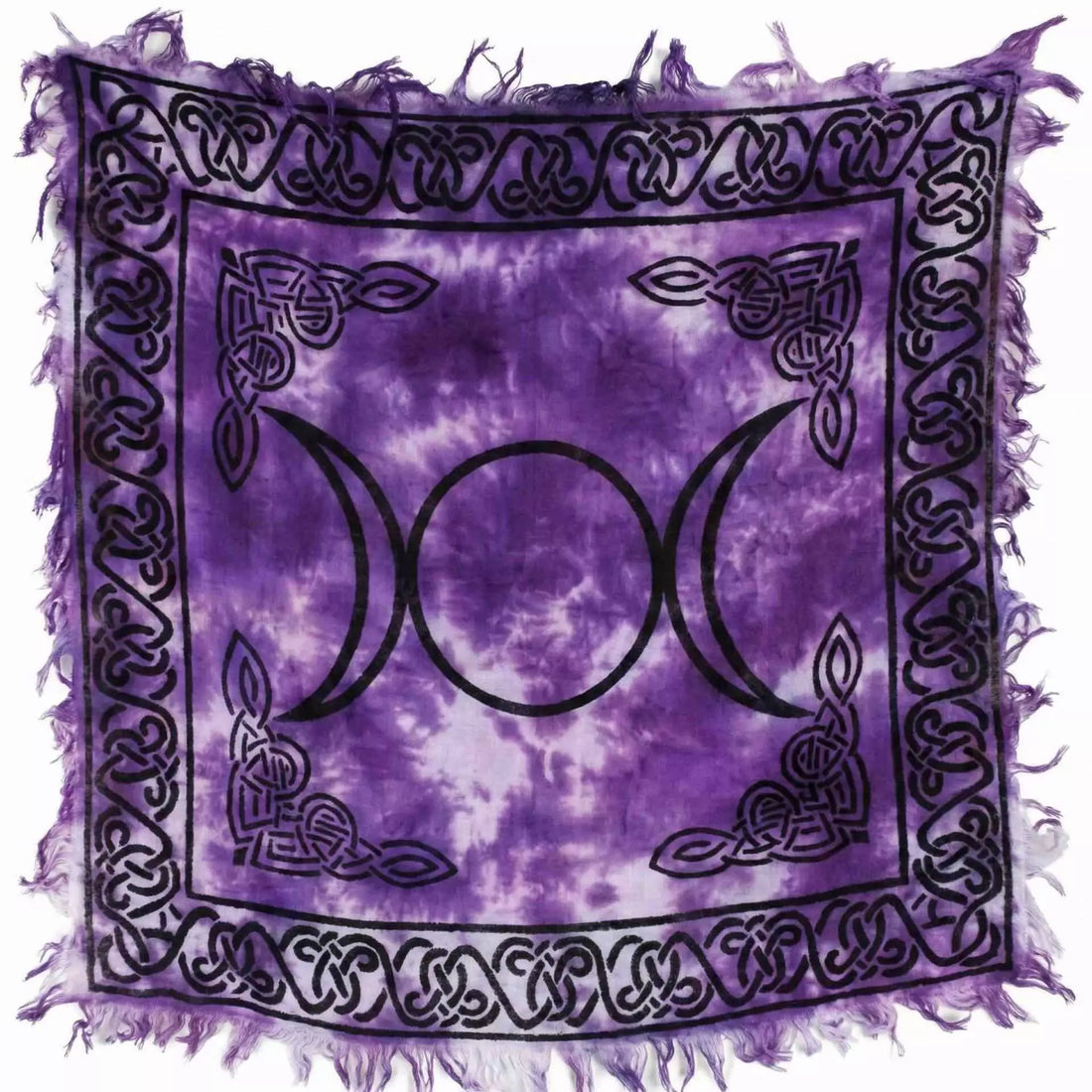 Triple Moon altar cloth in violet tie-dye — 18-inch square cloth with circular triple moon and Celtic knot design at center for altar and tarot reading use.