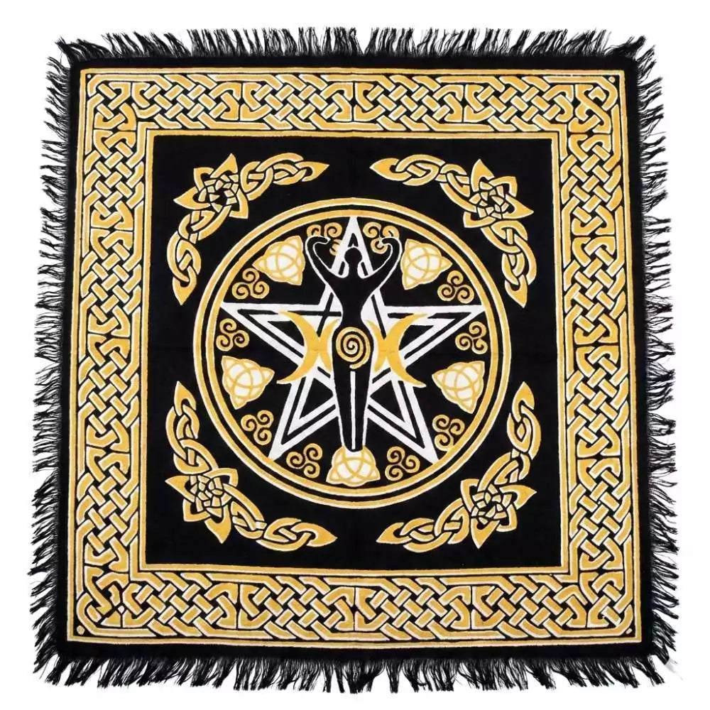 Square altar cloth with a central pentagram star design surrounded by intricate Celtic knotwork patterns in gold and black on a dark background, 18x18 inches.