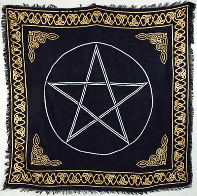 Black 36x36 inch rayon altar cloth with silver pentagram at center and gold-bordered Celtic decorative edge — full Wiccan working surface by AzureGreen.