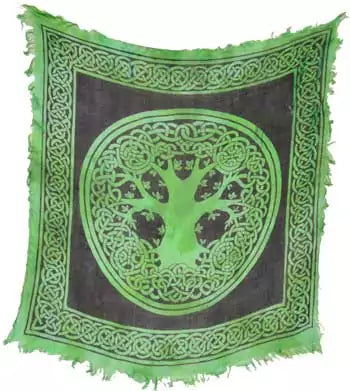 Tree of Life altar cloth 18x18 inches with Celtic knot design printed in earth tones — ritual tarot reading cloth and altar covering.