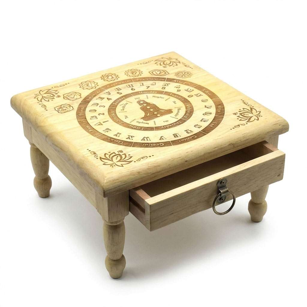 11.5-inch engraved wooden pendulum altar table with circular symbolic design, numbers, and a small storage drawer below for keeping divination tools and crystals.