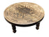 Round carved wooden altar table with a wheel-of-the-year compass design, sabbat symbols, and directional markings carved into the surface — 11¾-inch diameter.