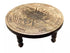 Round carved wooden altar table with a wheel-of-the-year compass design, sabbat symbols, and directional markings carved into the surface — 11¾-inch diameter.