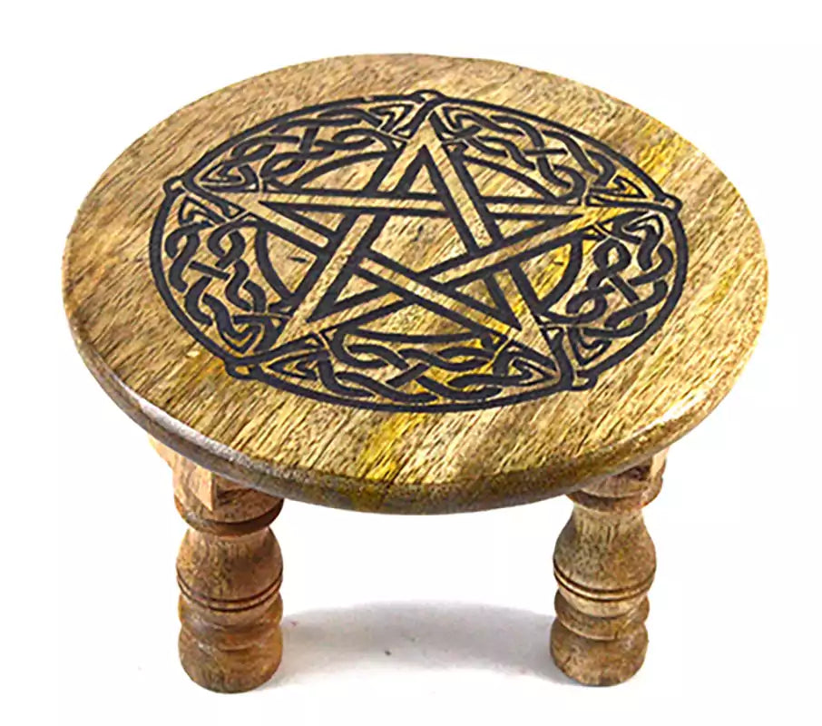 Pentagram altar table 6 inch diameter by 4 inch tall wooden ritual stand with carved pentagram surface for elevating altar tools and candles