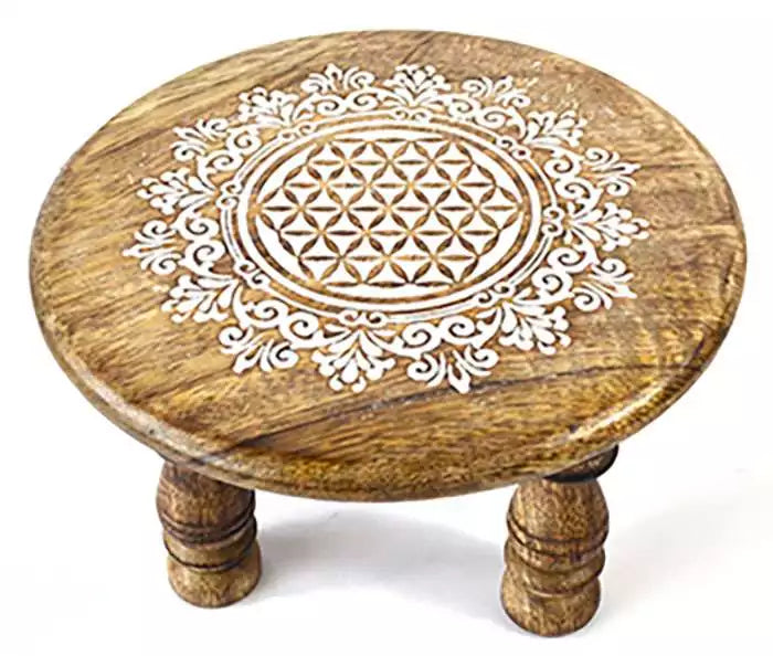 6-inch round wooden altar table engraved with the Flower of Life sacred geometry pattern — natural wood finish for crystal grids and altar use.