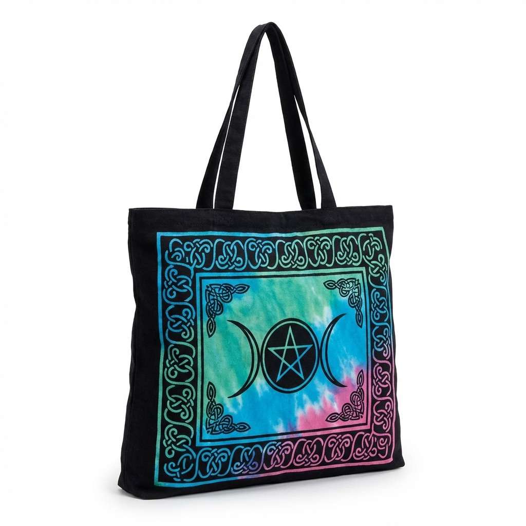 Canvas triple moon tote bag, 15.7 by 17.7 inches, with Wiccan goddess triple moon symbol print for daily carry, market trips, and spiritual identity expression.