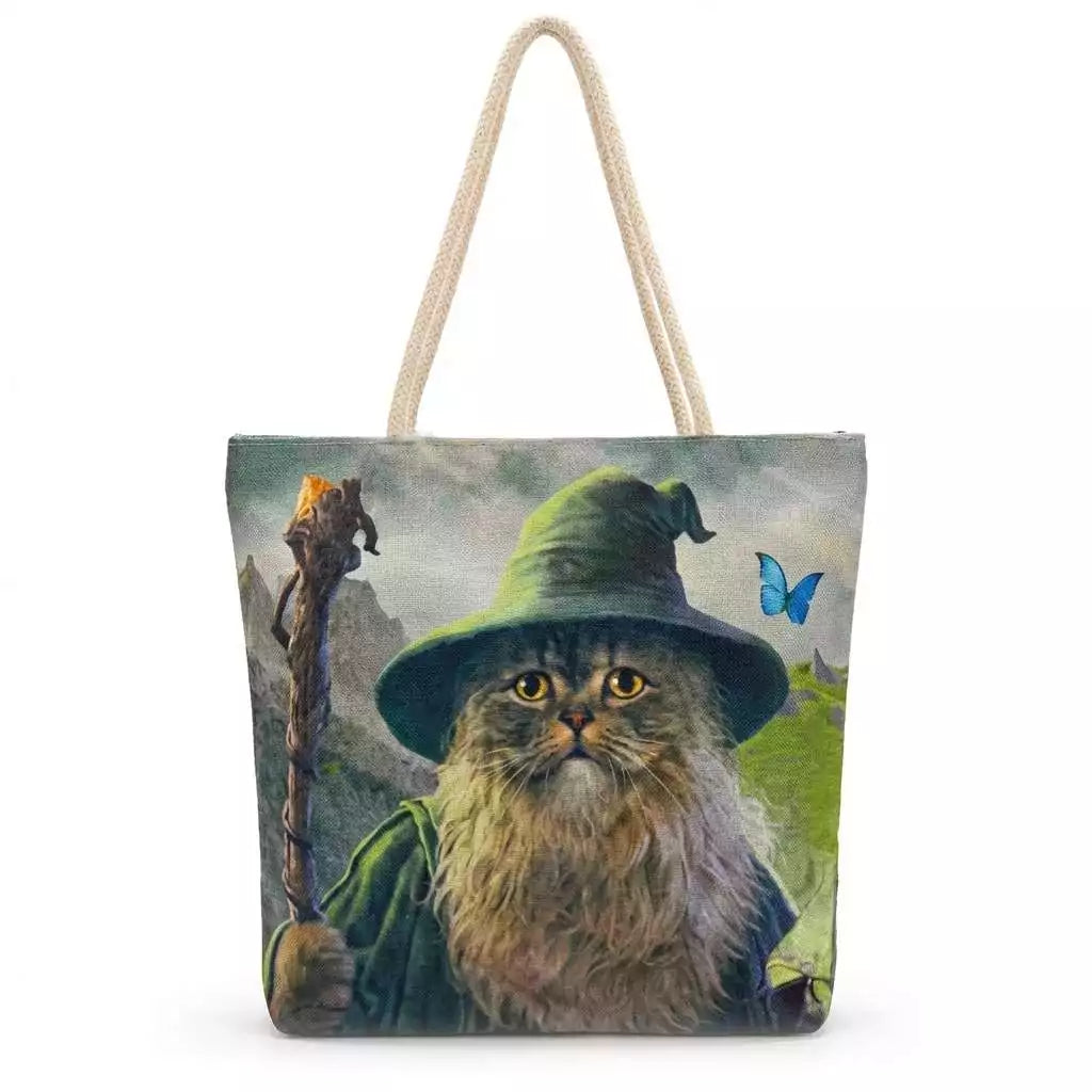 17x17 inch Catdalf wizard cat canvas tote bag with fun witchy design for carrying tarot decks crystals and spiritual books