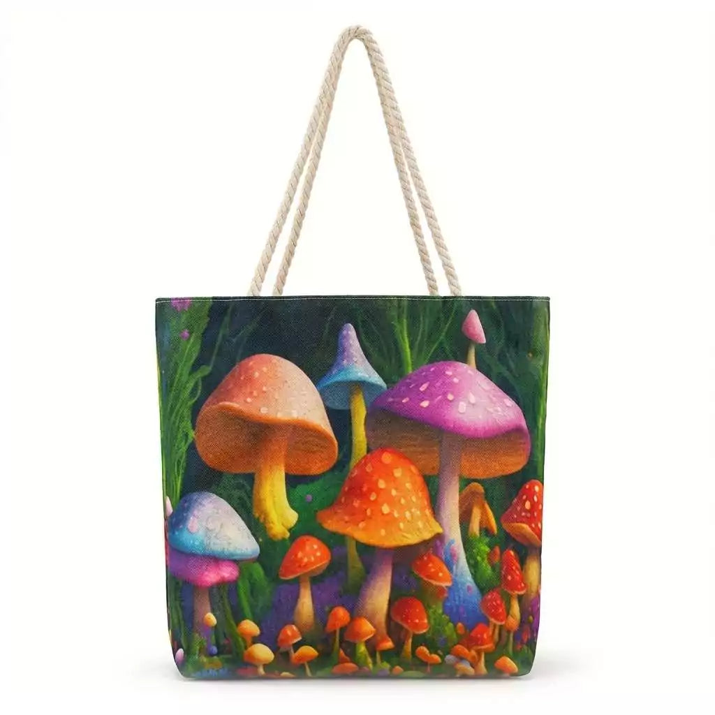 17x17-inch jute tote bag with cottagecore mushroom illustration and rope handles — earthy botanical carry bag for foragers, green witches, and cottagecore aesthetics.