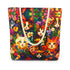 17x17-inch jute tote bag with whimsical cat among flowers illustration and rope handles — botanical floral cat design for everyday witchy carry bag.