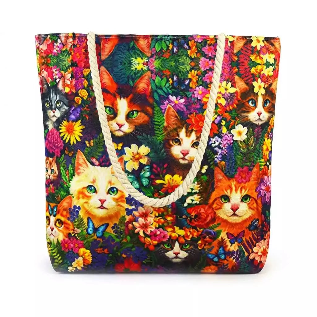 17x17-inch jute tote bag with whimsical cat among flowers illustration and rope handles — botanical floral cat design for everyday witchy carry bag.