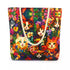 17x17-inch jute tote bag with whimsical cat among flowers illustration and rope handles — botanical floral cat design for everyday witchy carry bag.