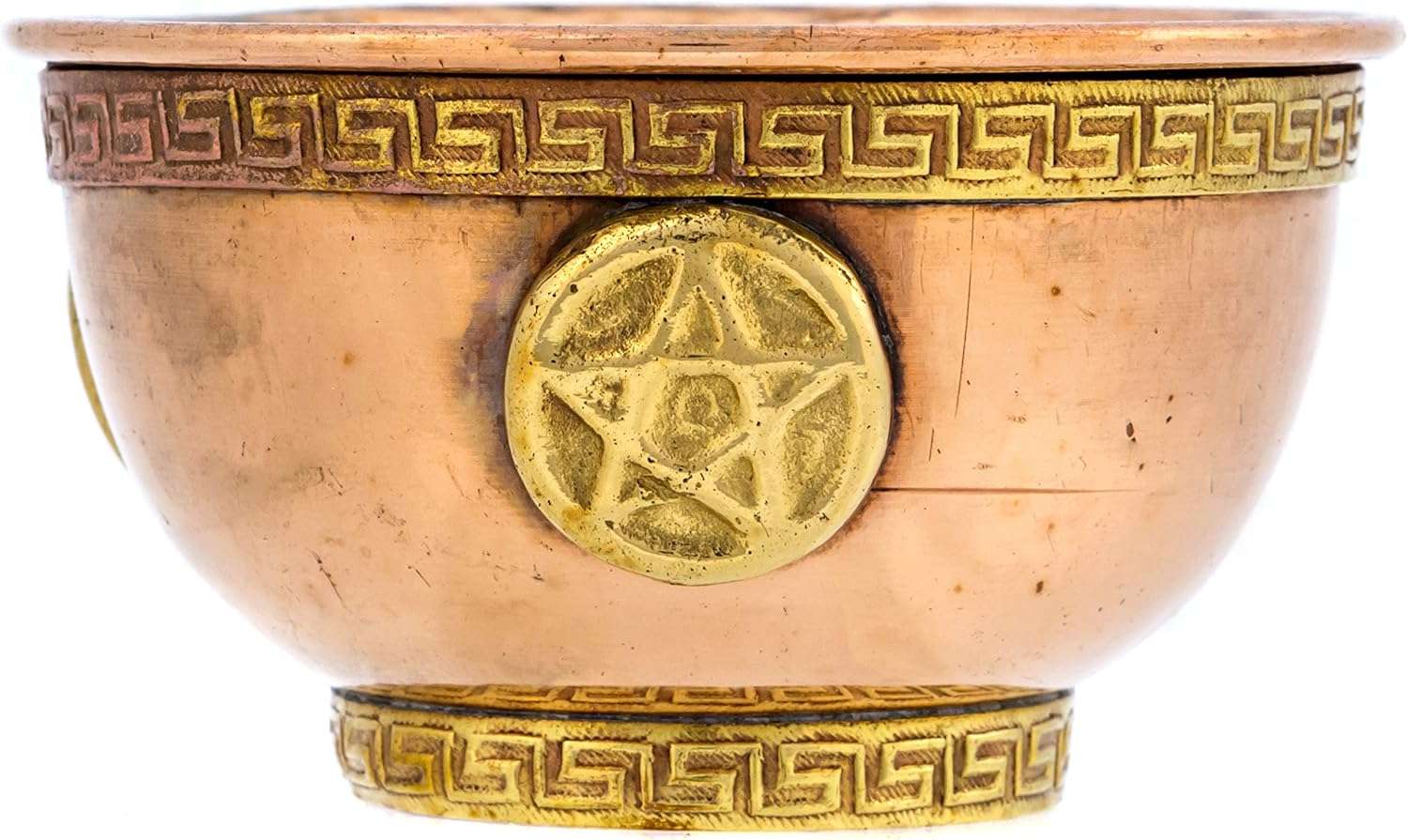 A decorative copper bowl featuring a gold-colored pentagram emblem and a Greek key design around the rim. The bowl has a smooth finish and a rounded shape.