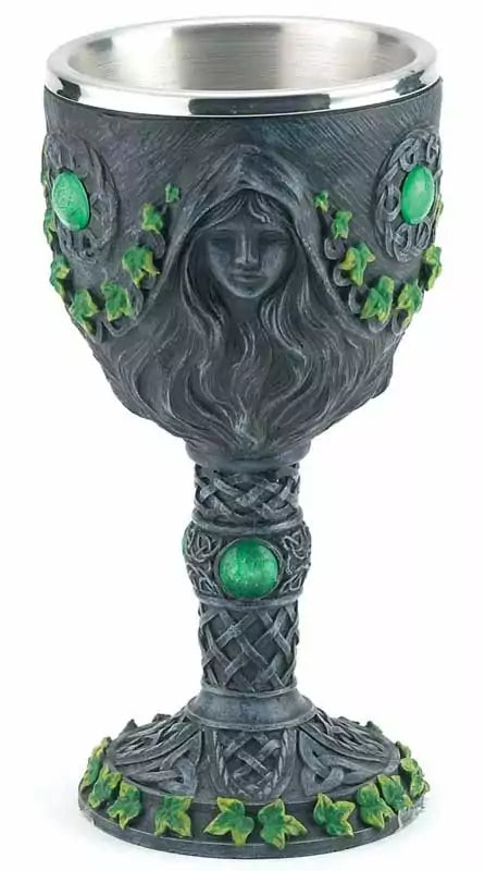 Maiden, Mother &amp; Crone Triple Goddess chalice 7.5 inch — decorative ritual goblet with ivy motifs, flowing figure with green accents, and metallic interior for Wiccan altar and ceremony use.
