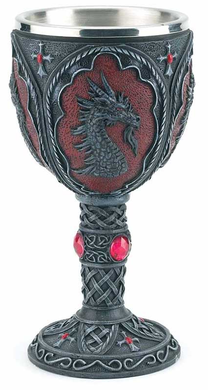 7.5-inch dragon chalice altar cup — gothic resin ritual vessel with sculpted dragon figures wrapping the stem for ceremonial magic and libation work.