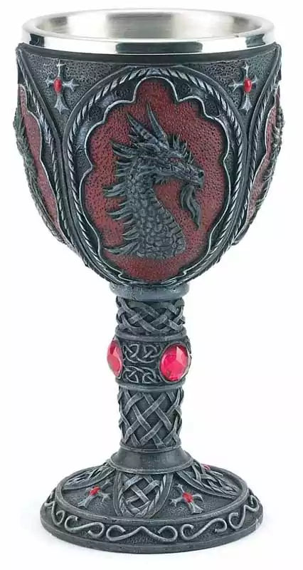 7.5-inch dragon chalice altar cup — gothic resin ritual vessel with sculpted dragon figures wrapping the stem for ceremonial magic and libation work.
