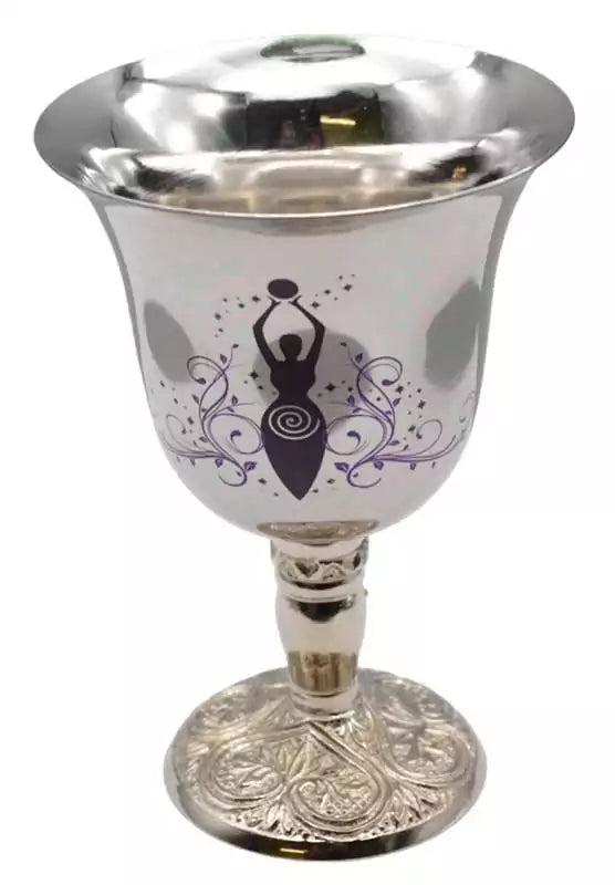 Decorative silver stainless steel chalice with stylized earth goddess figure design for Wiccan ritual libation and altar use
