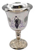 Decorative silver stainless steel chalice with stylized earth goddess figure design for Wiccan ritual libation and altar use