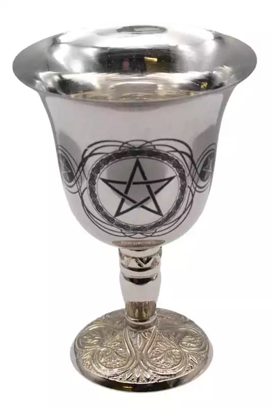 Stainless steel ritual chalice with a pentagram etched on the cup, ornate detailed stem, and a stable weighted base for altar use.