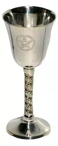 Pentagram chalice 4¾ inches — dark metal ritual cup with embossed five-point star design for Wiccan altar ceremony, libations, and sacred offering work.