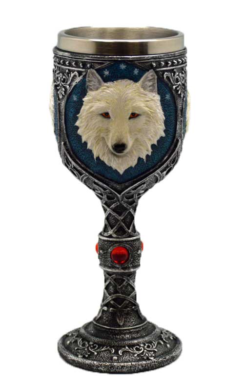 White Wolf Chalice 7.5 inch — decorative ritual goblet with wolf head and body detail on stem, red gemstone accent, and metallic finish for Norse and Wiccan altar use.
