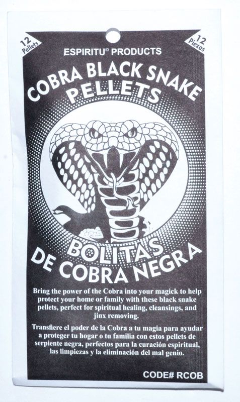 Black and white Cobra Black Snake Pellets packaging featuring a cobra illustration and bilingual English/Spanish text for the ritual fire curio.