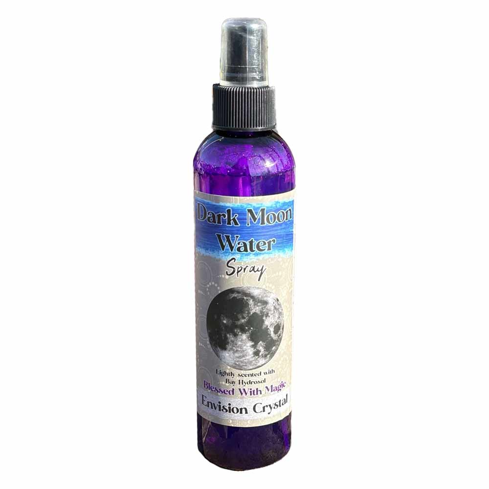 Purple 8oz spray bottle of Dark Moon Water room spray labeled Lunar Moon Water Spray with moon graphic, for grounding and shadow work ritual misting.