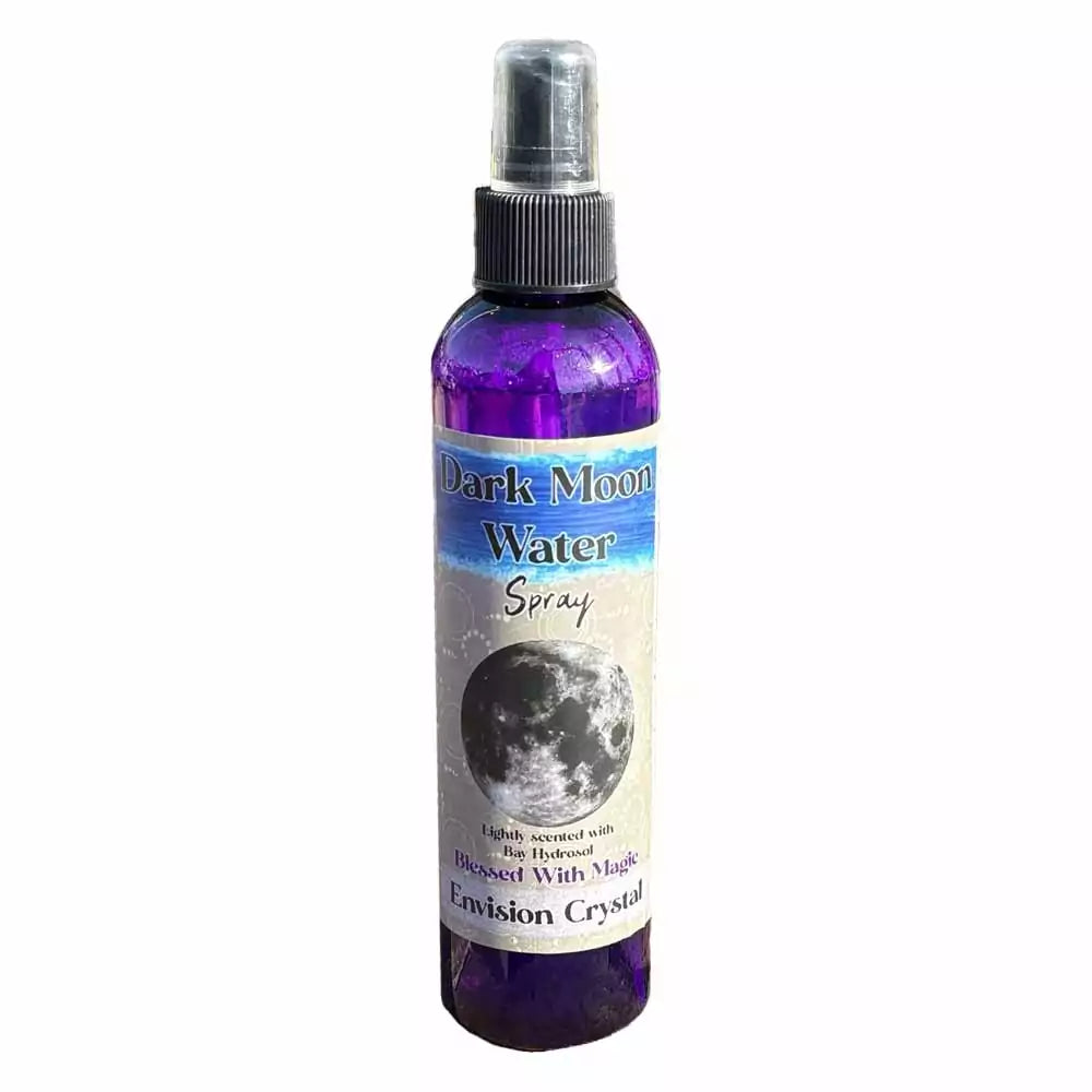 Purple 8oz spray bottle of Dark Moon Water room spray labeled Lunar Moon Water Spray with moon graphic, for grounding and shadow work ritual misting.