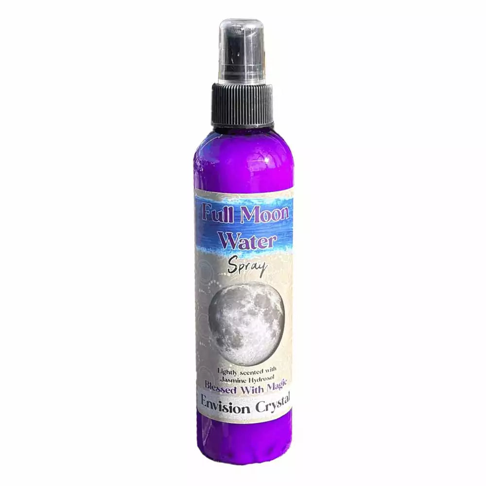 Purple spray bottle labeled Full Moon Water Spray with full moon illustration, 8oz lunar ritual space misting spray for crystal cleansing and sacred space renewal