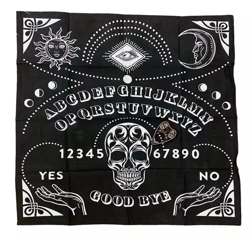 24x24 inch black Ouija board mat spread flat — showing full spirit communication layout with alphabet and numbers printed on matte black altar cloth.