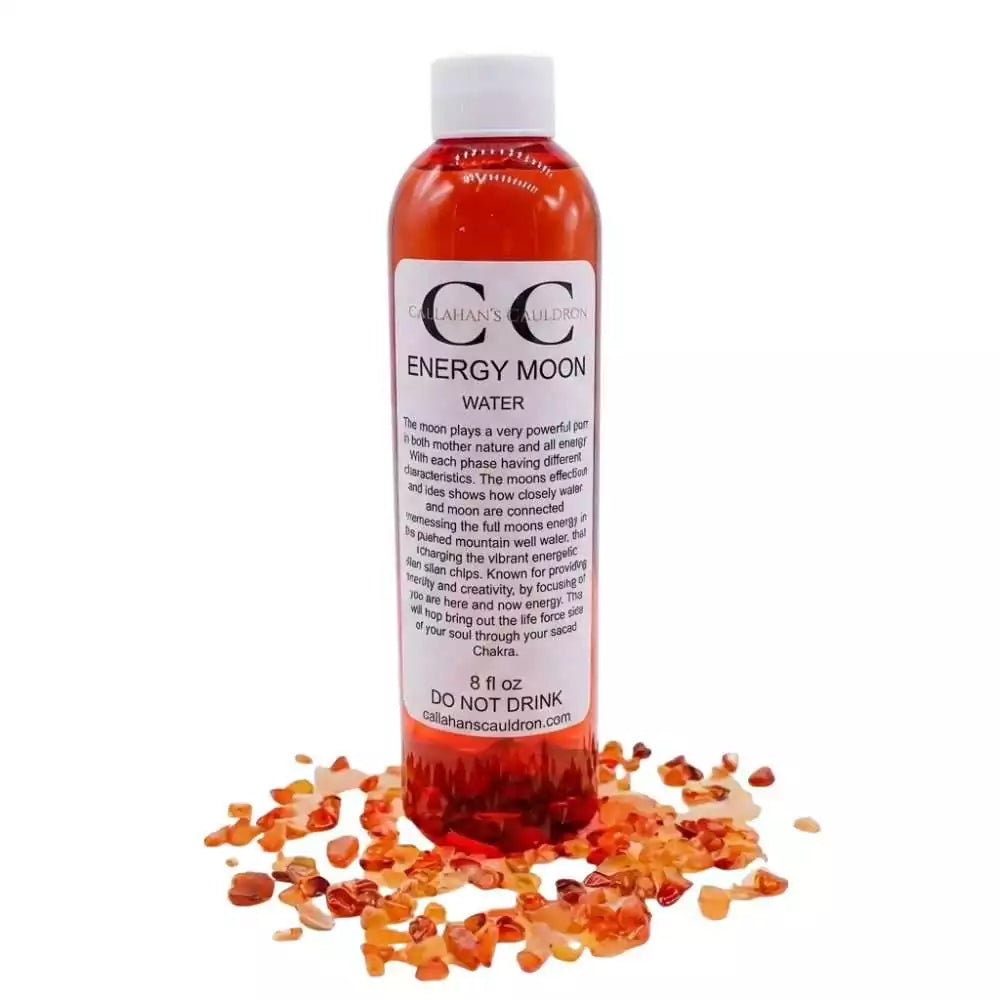 8oz bottle of Energy moon water — lunar-charged ritual water for vitality, focus, and energetic intention work.