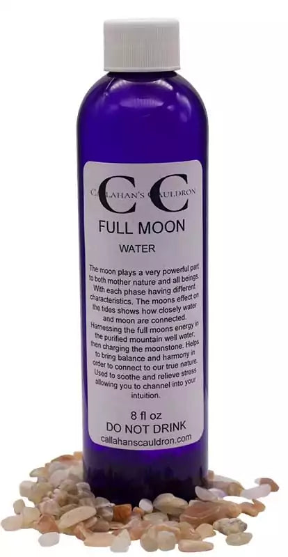 8oz glass bottle of Full moon water — ritual-charged lunar water for spells, cleansing, and altar offerings.