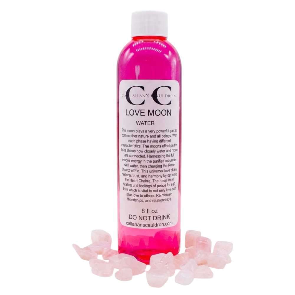 8oz bottle of Love moon water — ritual-charged water for love spells and heart chakra intention work.