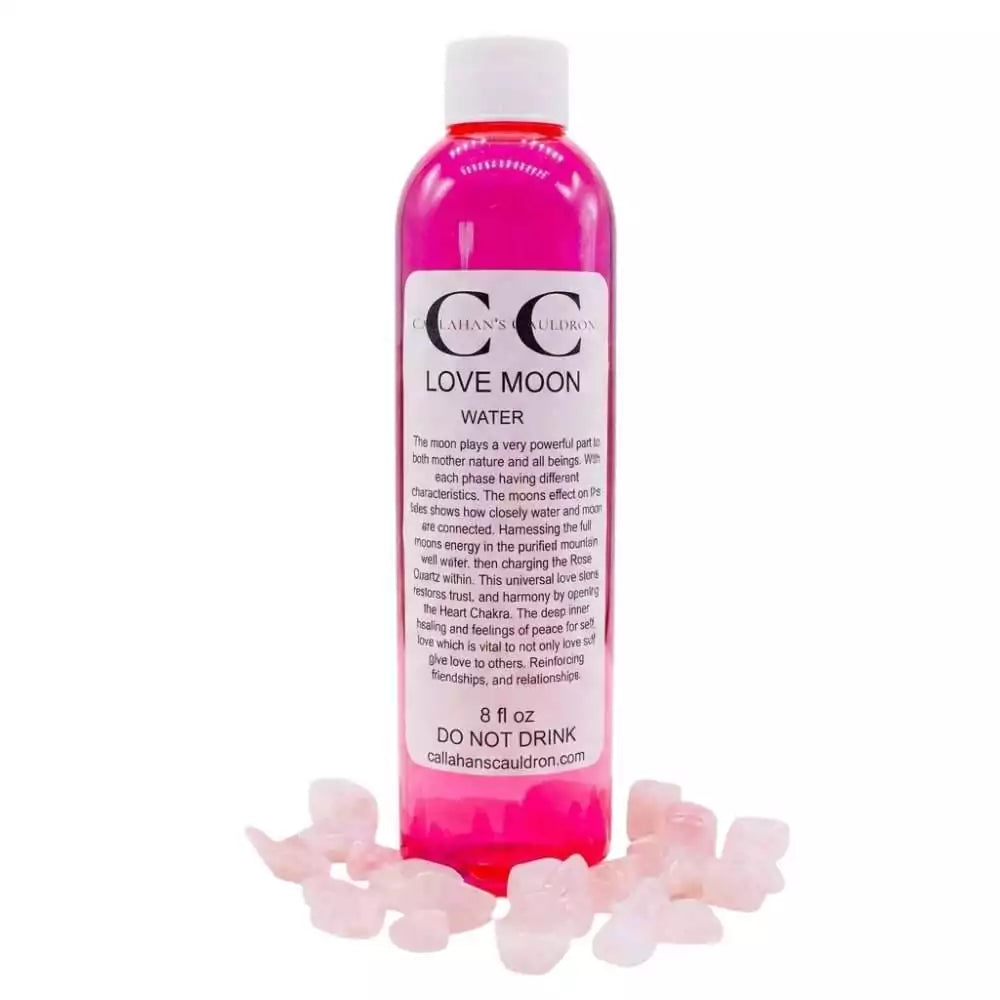 8oz bottle of Love moon water — ritual-charged water for love spells and heart chakra intention work.