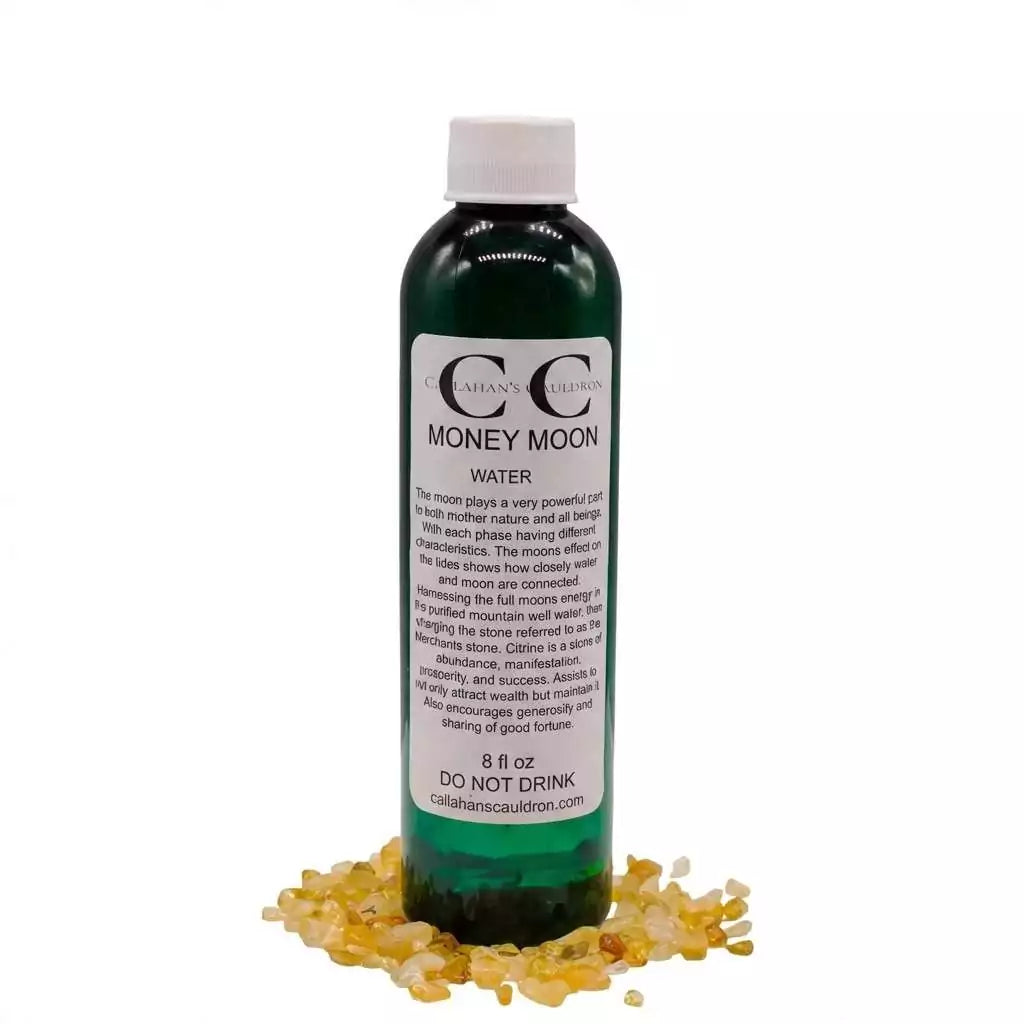 Green-labeled 8oz Money Moon Water spray bottle charged under the moon for abundance prosperity rituals and wealth-drawing spellwork
