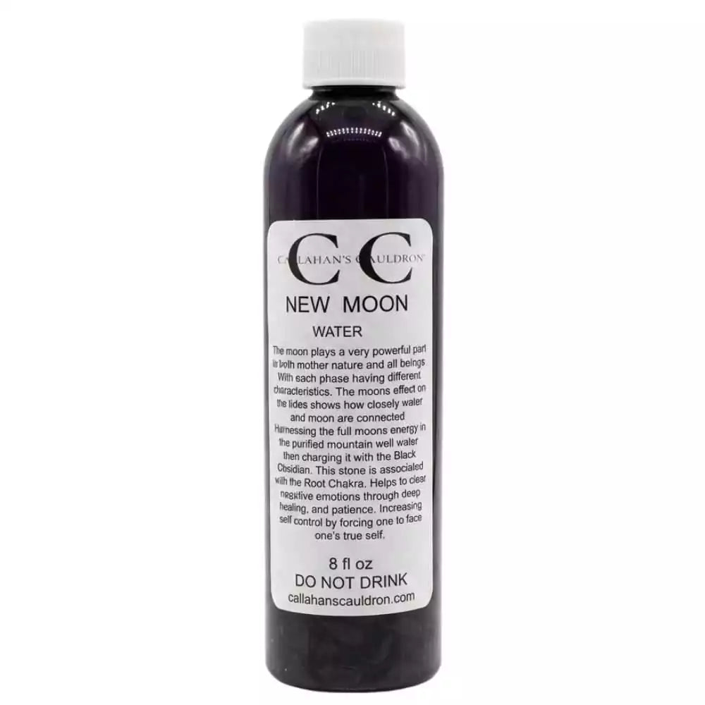 Dark-labeled New Moon Charging Water spray bottle with black obsidian infusion for shadow work energetic reset and new moon intentions