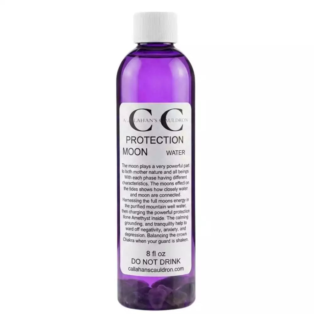 Purple-labeled 8oz bottle of amethyst-infused Protection Moon Water spray for space clearing psychic protection and lunar ritual use
