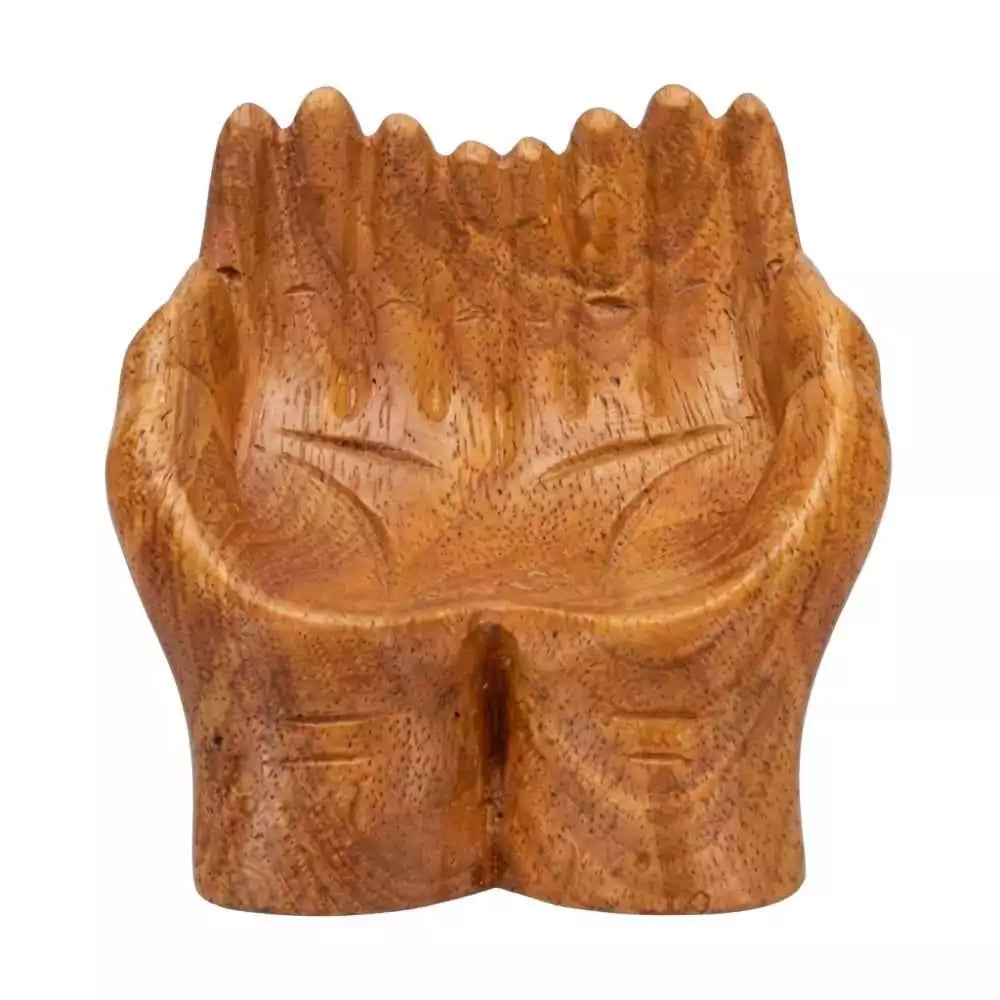 Carved wooden altar bowl shaped as two cupped hands held together for ritual offerings and crystal display on sacred altars