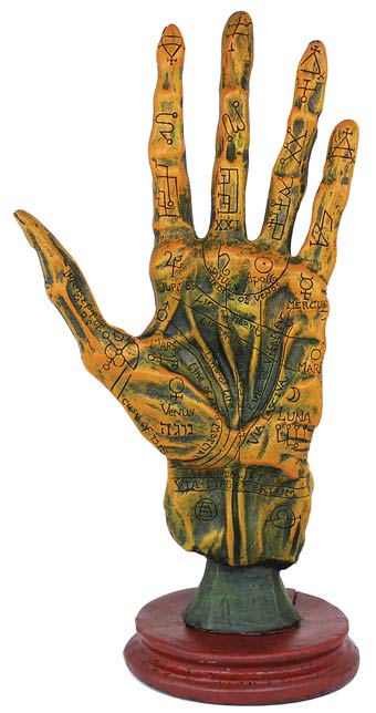 Alchemy Palmistry Hand cold cast resin sculpture 10.5 inches — detailed human hand model with aged finish for palmistry study and gothic occult altar display.