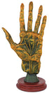 Alchemy Palmistry Hand cold cast resin sculpture 10.5 inches — detailed human hand model with aged finish for palmistry study and gothic occult altar display.