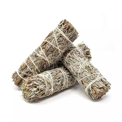 Multiple bundles of dried blue sage smudge sticks tied with string arranged together — hand-rolled artisan herb bundles for peaceful clearing and meditation rituals.