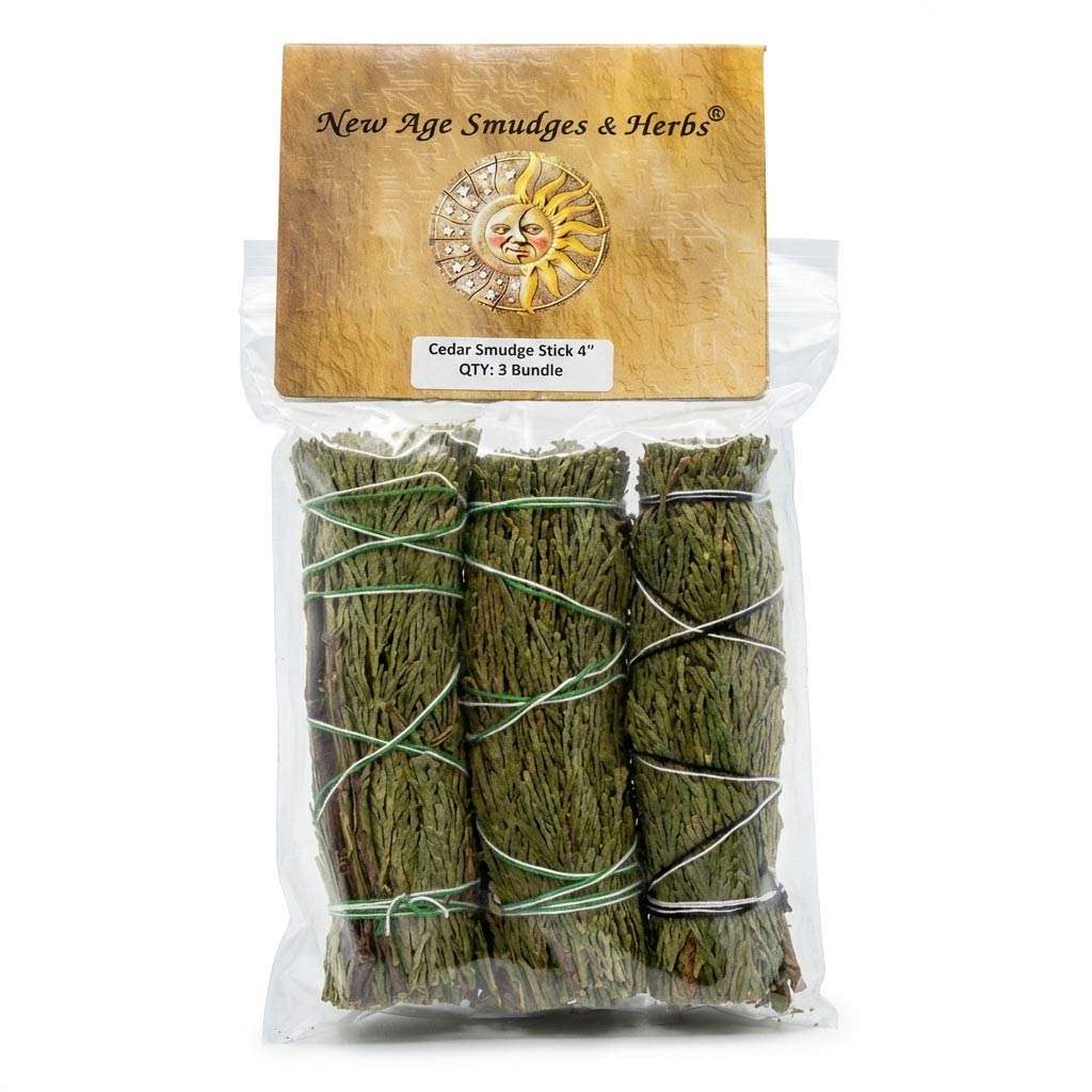 Cedar smudge sticks 4 inch 3-pack — three bundled aromatic cedar smudge bundles tied together for bulk space protection and purification ritual.