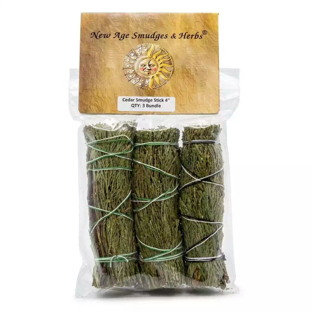 Cedar smudge sticks 4 inch 3-pack — three bundled aromatic cedar smudge bundles tied together for bulk space protection and purification ritual.