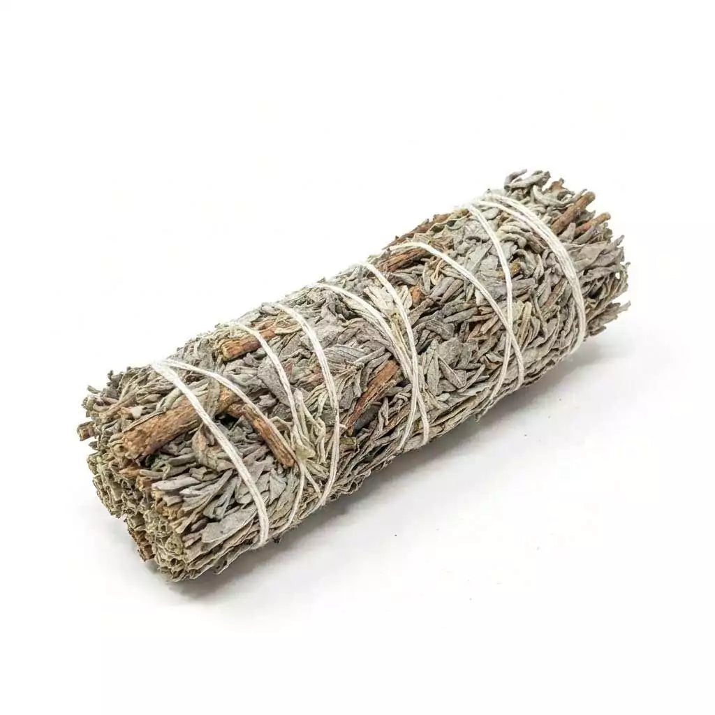 4-inch blue sage smudge stick hand-tied with natural cord — Salvia azurea grandmother sage bundle with blue-grey leaf coloring.