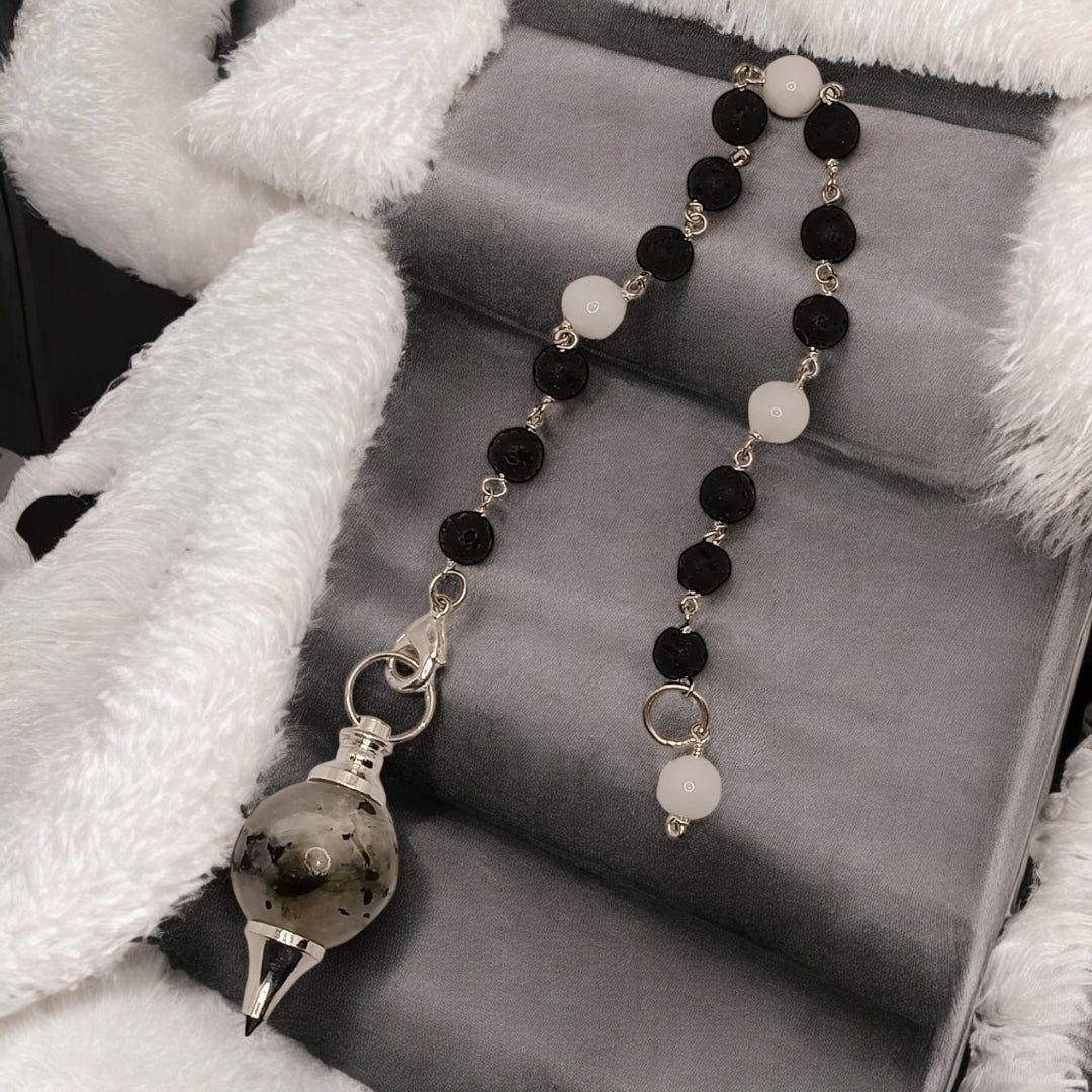 Rainbow Moonstone Sephoroton Pendulum with Lava Beads – Crystal for Transformation &amp; New Beginnings