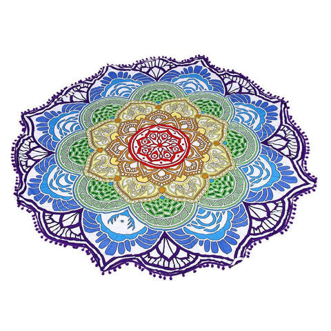 Rainbow Chakra Lotus-Shaped Meditation Towel with Purple Tassels