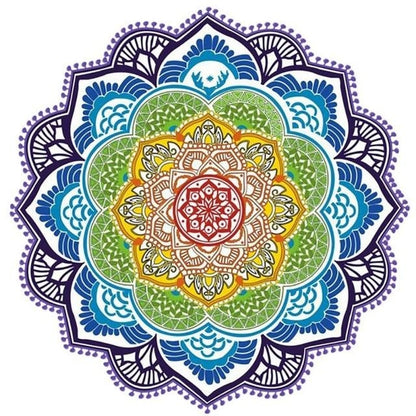 Rainbow Chakra Lotus-Shaped Meditation Towel with Purple Tassels