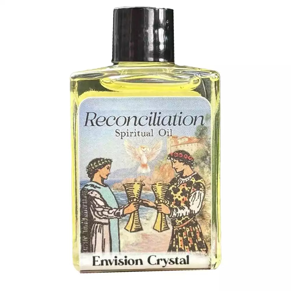 Square bottle of Reconciliation spiritual oil by Envision Crystal with illustrated label showing two figures exchanging chalices in a ceremonial gesture.