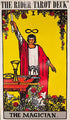 Rider-Waite Tarot Magician card showing a robed figure with one arm raised holding a wand above an altar bearing the four suit symbols.