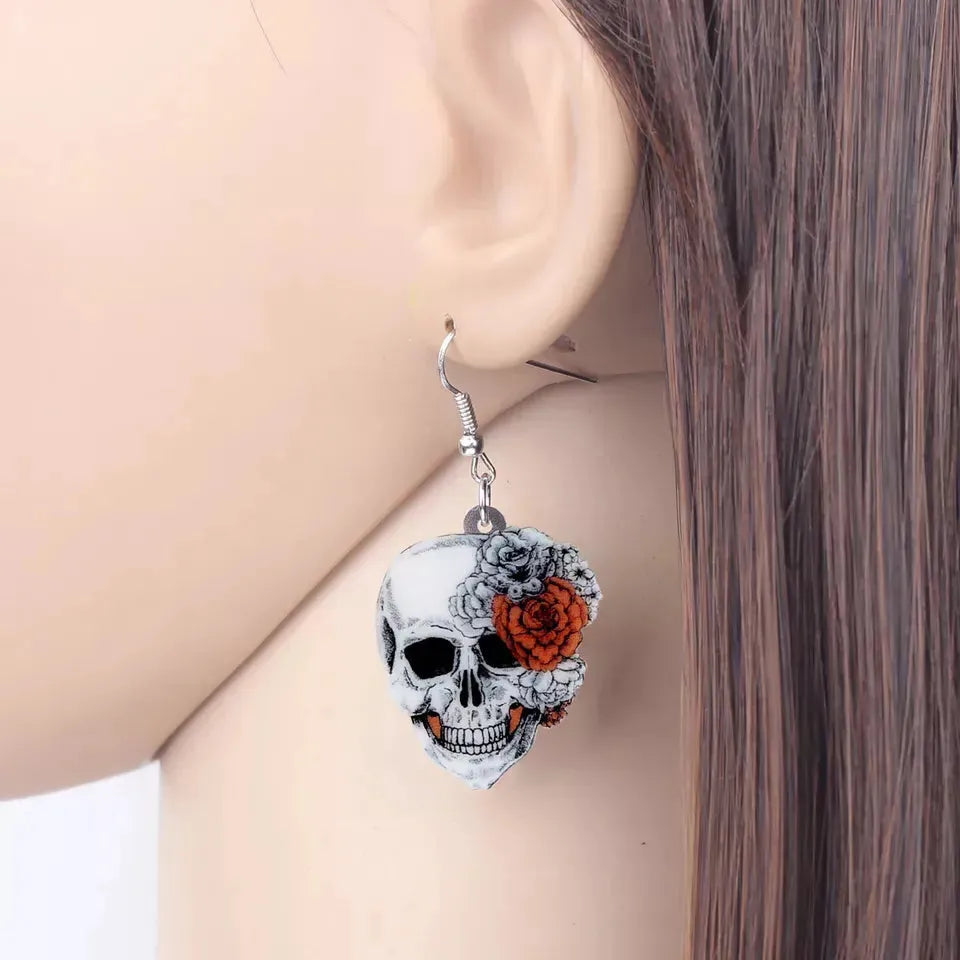 Skull &amp; Flower Fishhook Earrings – Gothic Red Rose Statement Jewelry