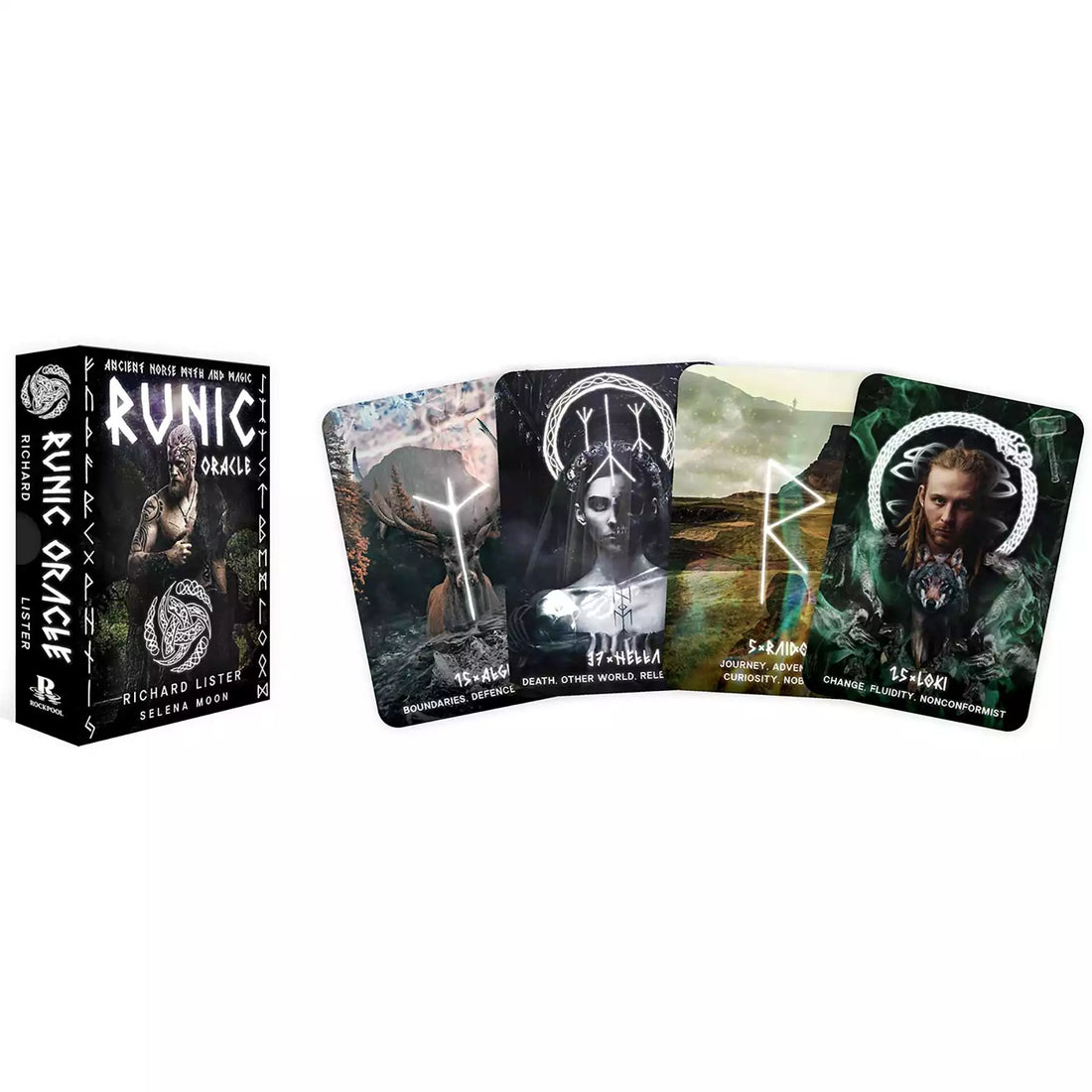 Runic Oracle Elder Futhark Norse oracle deck cards with mystical rune and Norse imagery, 44-card divination deck for Norse pagan practice and rune study.